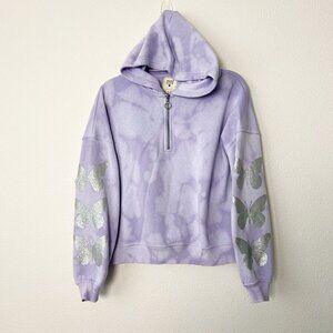 Upcycled Womens Small Bleach Tie Dye Butterfly Quarter Zip Hoodie Sweatshirt